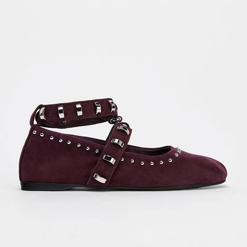Genuine Leather Mary Jane Square Toe Snap Ballet Flat