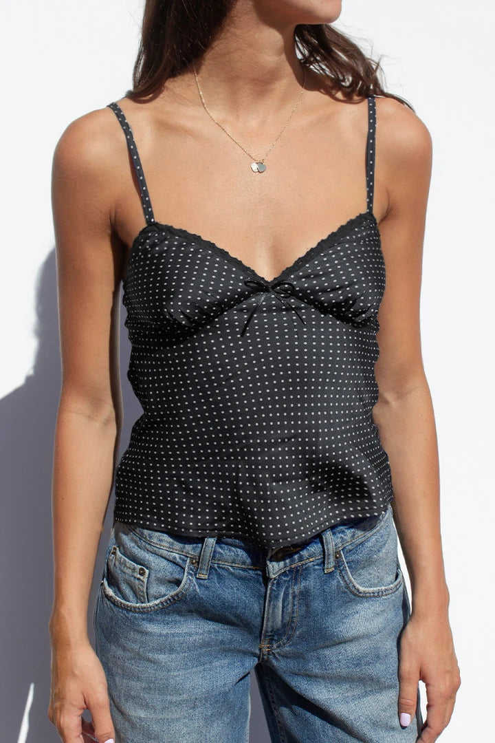 Retro Dots Print Lace Trim V Neck Crop Top
