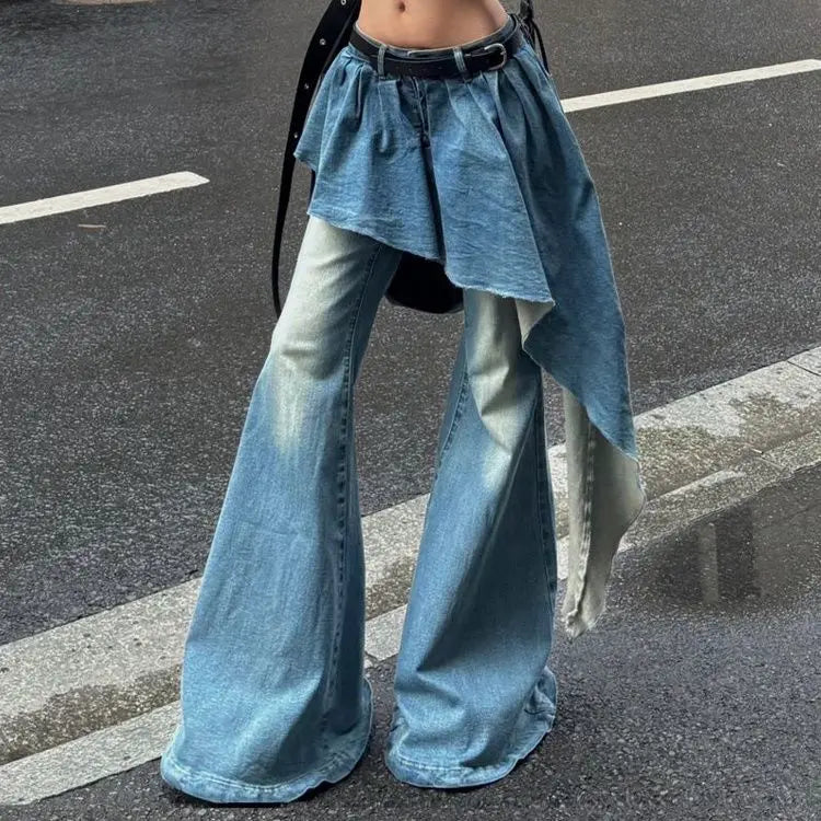 Washed Gothic Splicing Bell-Bottom Pant