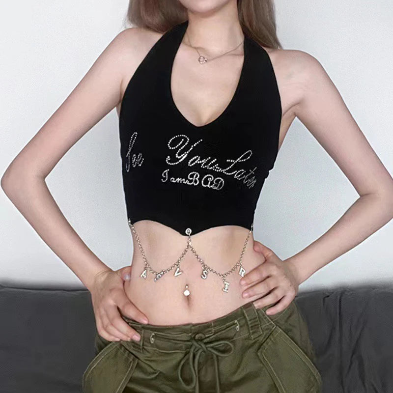 Diamond Letter Chain Halterneck Slim Crop Top