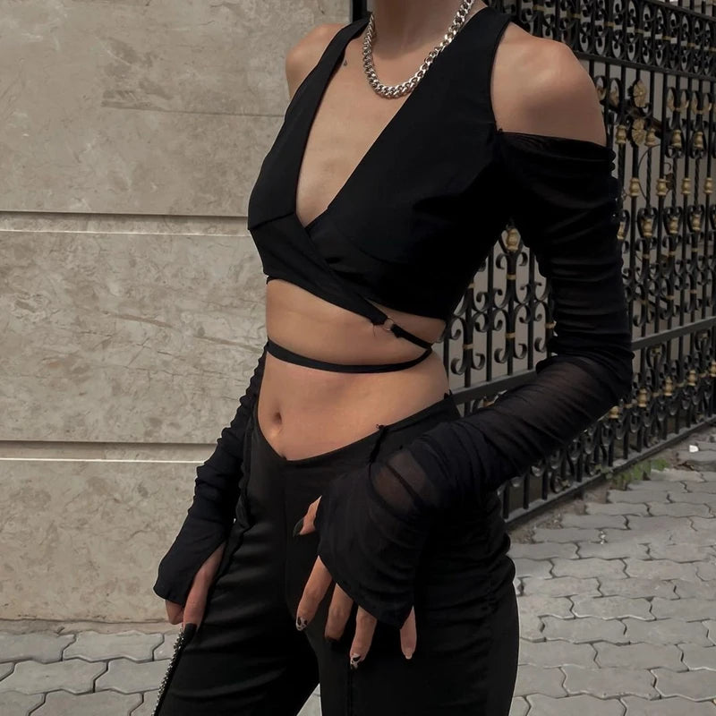 See Through Mesh V Neck Off Shoulder Crop Top