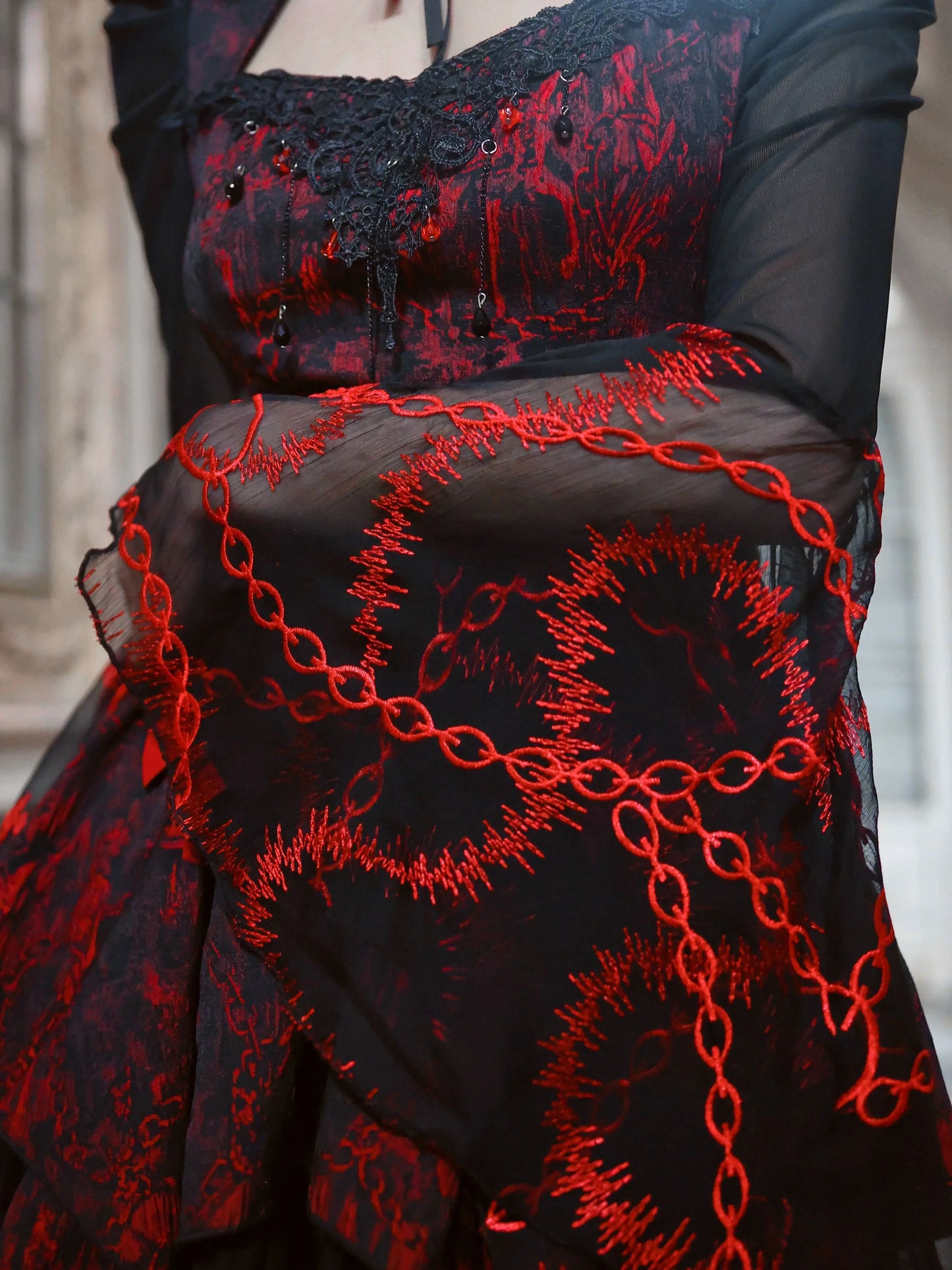 Gothic Red Black Rose Lace Blouse