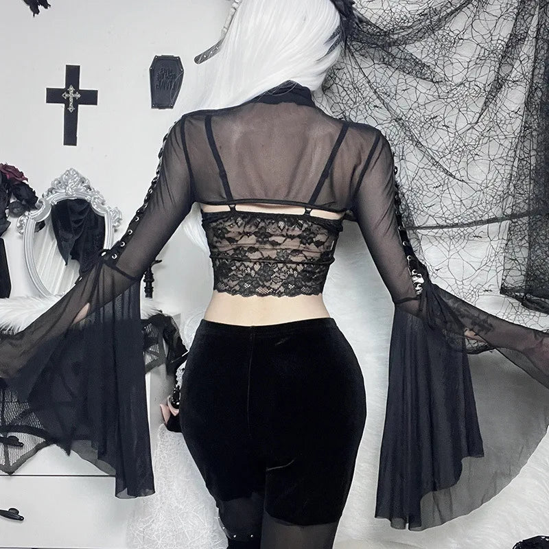 Black Mesh Lace Up Flared Blouse