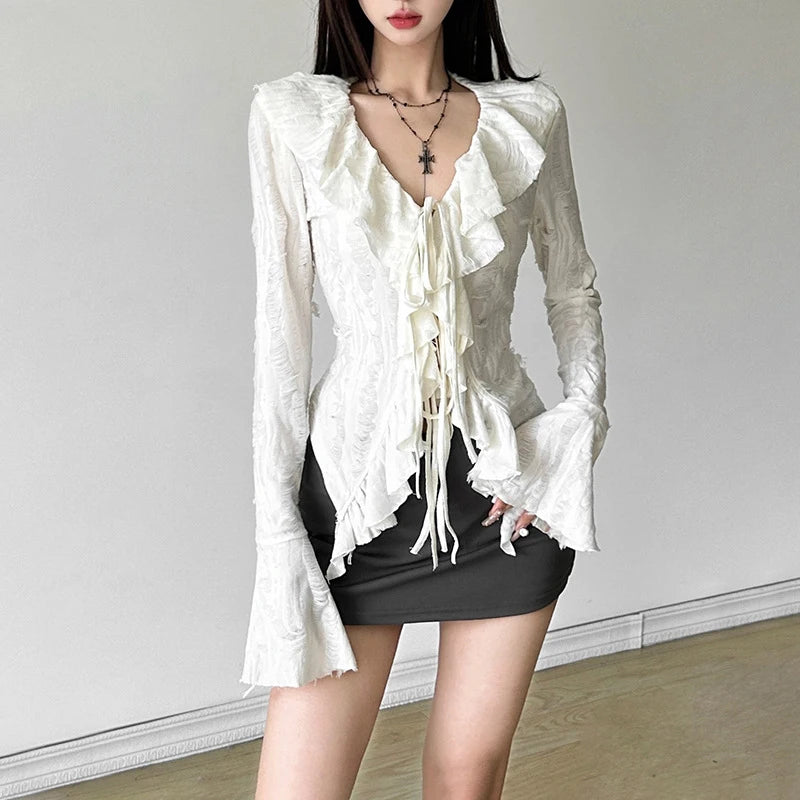 Fairycore Ruffled V-neck Blouse