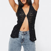 V-Neck Button Basic Lace Tank Crop Top