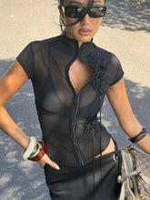 Tassel Applique Single-Breasted Half-High Neck Crop Top