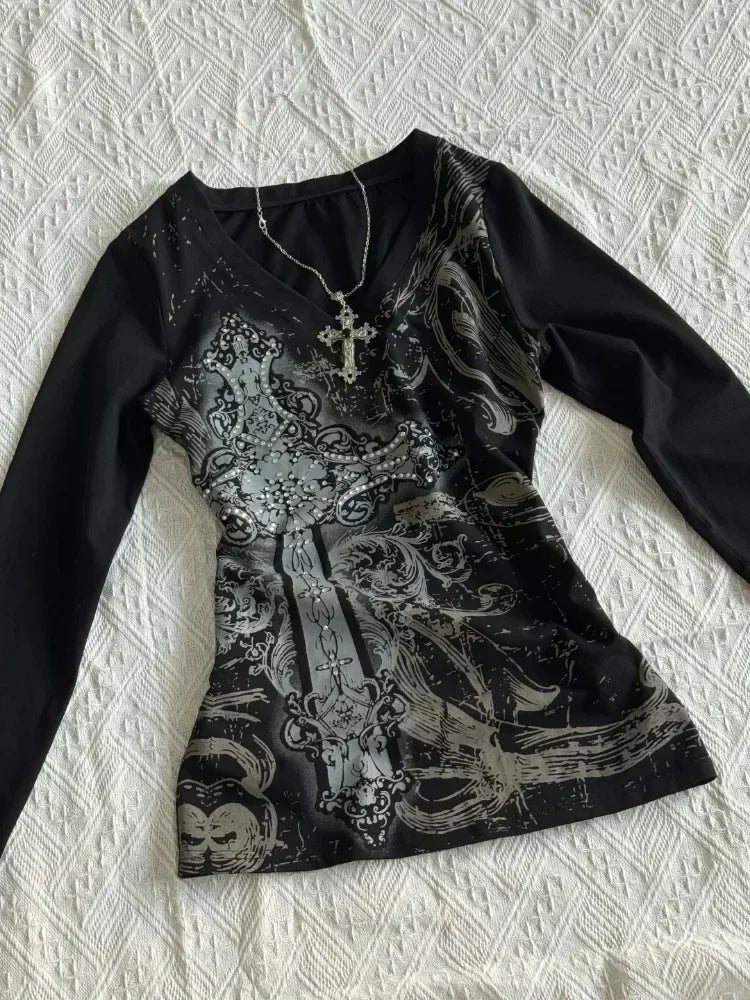 Gothic V-neck Graphic Cotton T-shirt