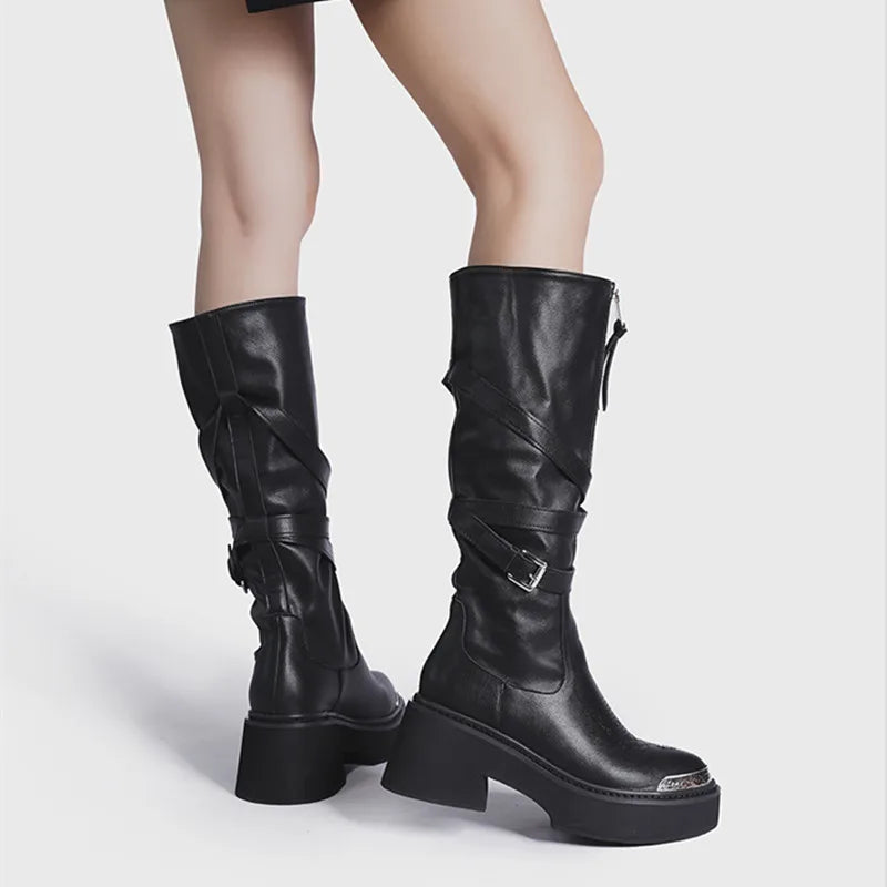 Zipper Gothic Knee-High Motorcycle Wedge Boot