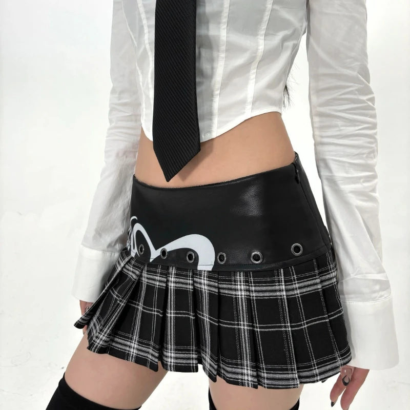 Leather Spliced Plaid Gothic Skirt