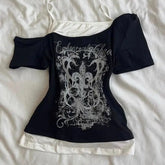 Gothic Print Fake Two-piece Black Crop Top