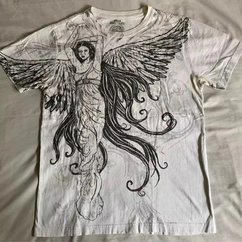 Grunge Wings Print Cotton T-shirt