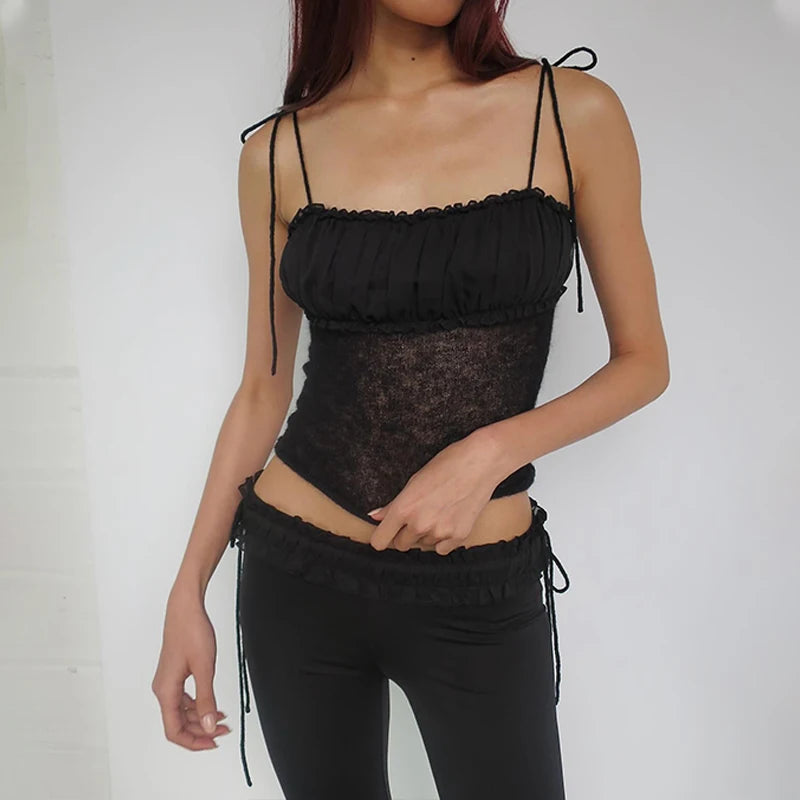 Slim Fit Mesh Perspective Pleated Tank Crop Top