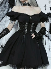 Black V Neck Lace Up High Waist Corset Mini Dress