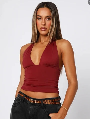 Leopard Print Halter Neck Backless Crop Top