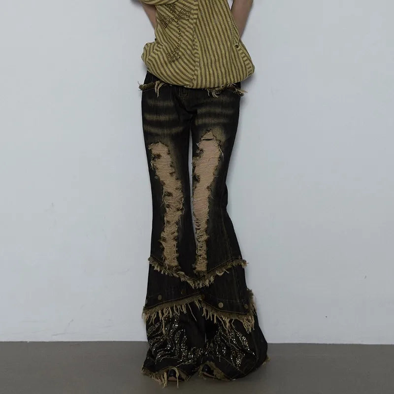 Ripped Gothic Black Tassel Pant