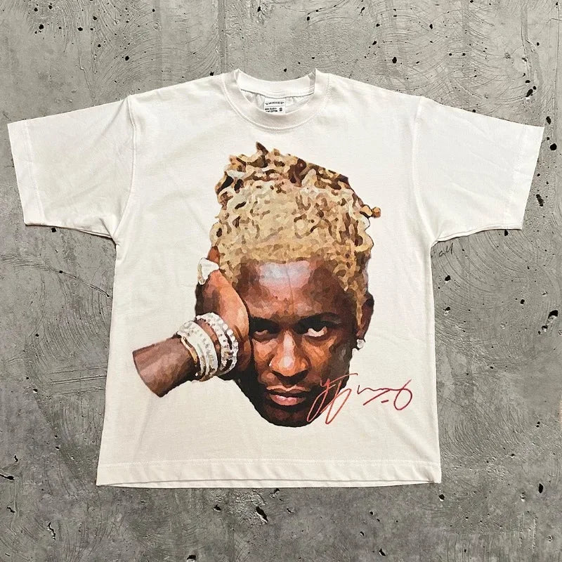 Portrait Print Round Neck Cotton T-shirt