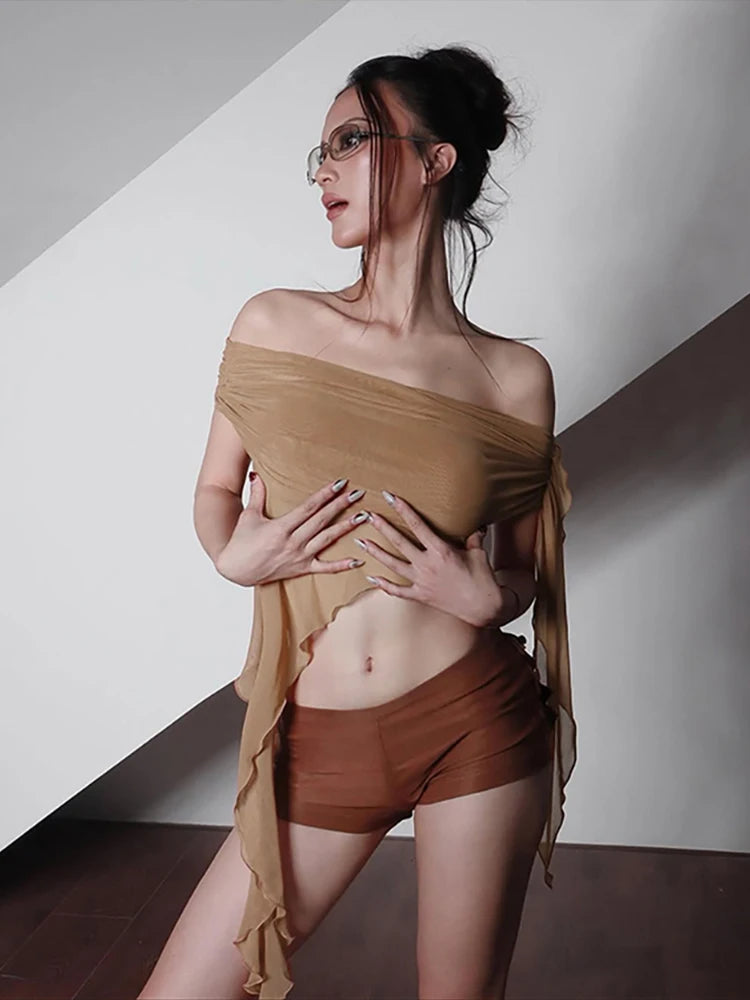 See Through Irregular Hem Ruffles Bandage Crop Top