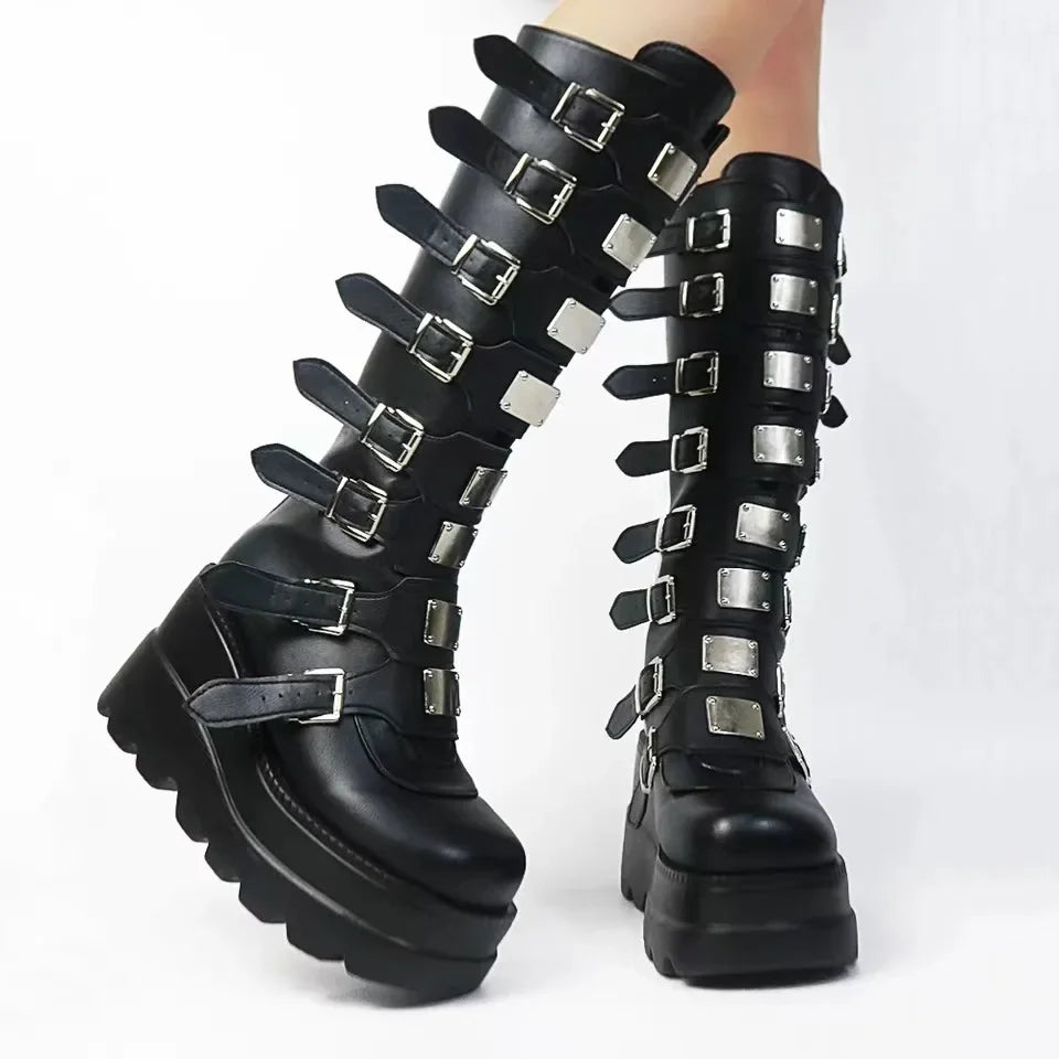 Thigh High Black Leather Gothic Platform Boot