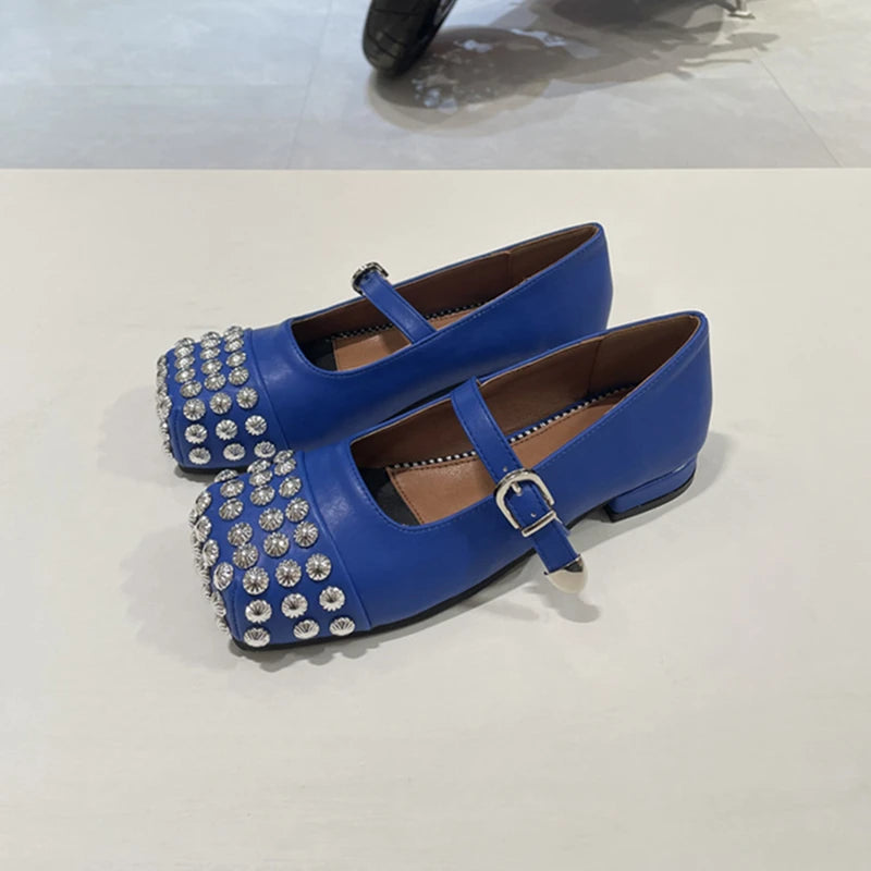 Rivet Cross Strap Square Toe Loafers Flat