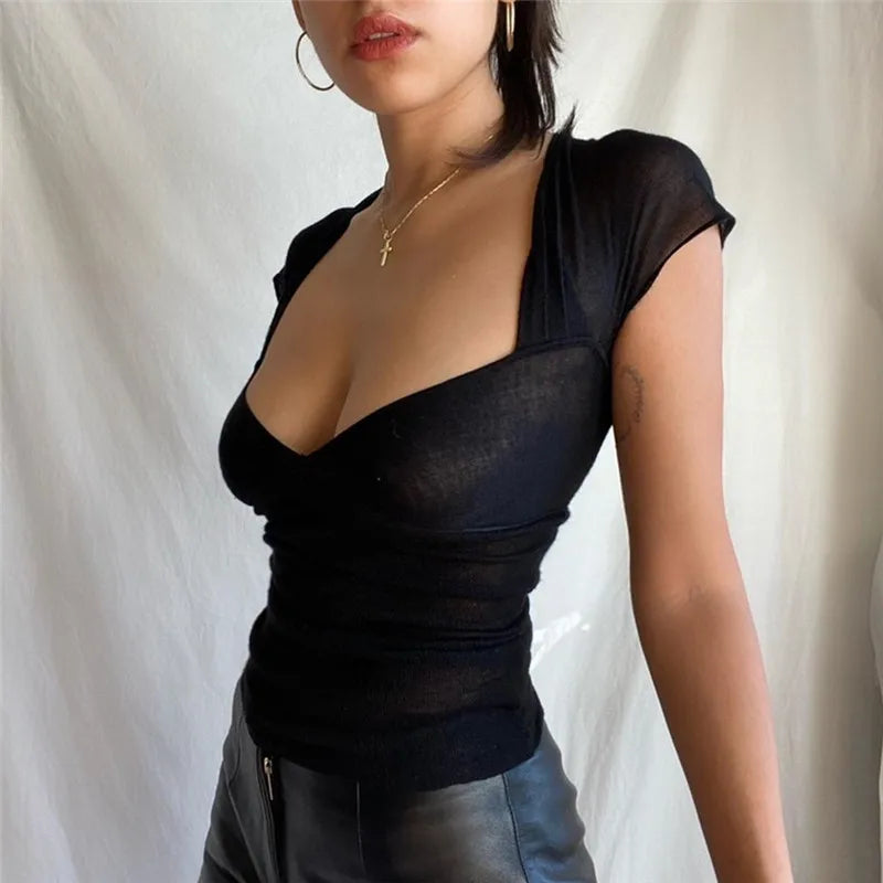 Backless Square-neck Mesh Crop Top