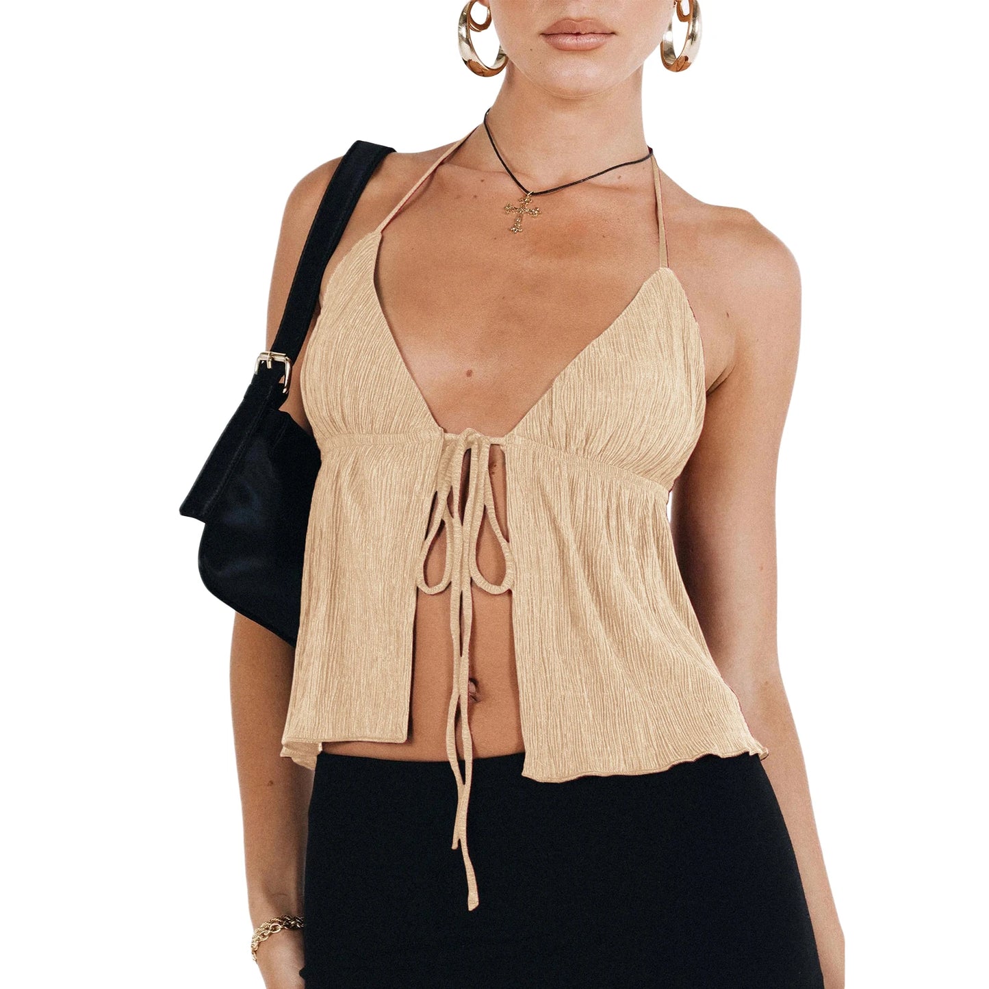 Y2K Front Tie Deep V Crop Top