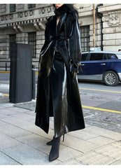 Long Belted Patent Leather Long Coat