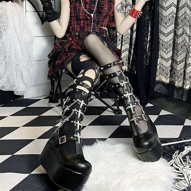 Gothic Punk Metal Chain Platform Chunky Boot