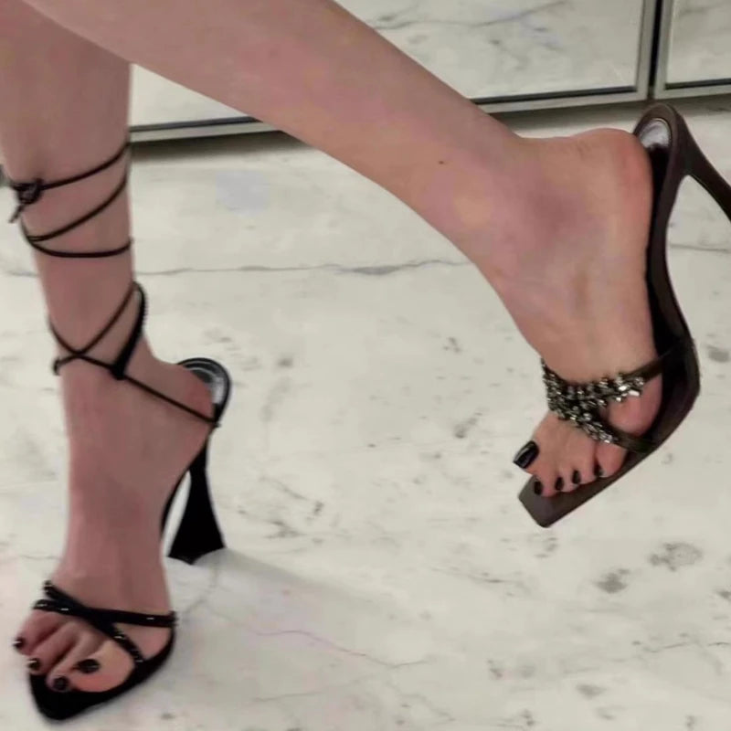 Rhinestone Gothic Cross Open Toe Sandals Stiletto High Heel
