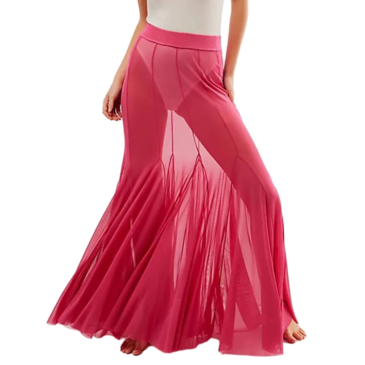 Mesh Sheer Ruffle Midi Skirt