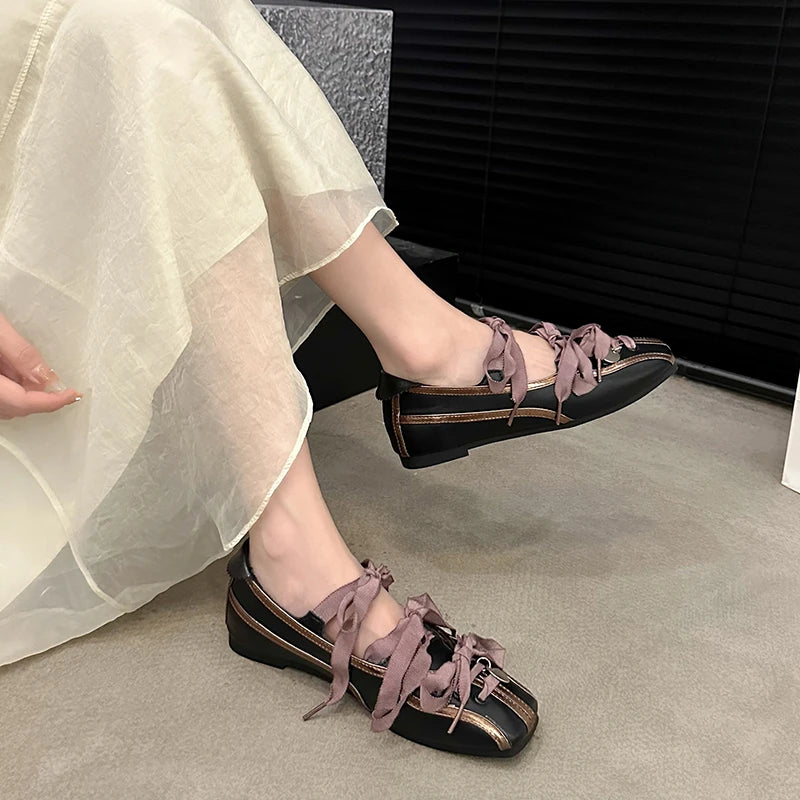Spring Color Matching Small Square Bow Lazy Slip-On Flat