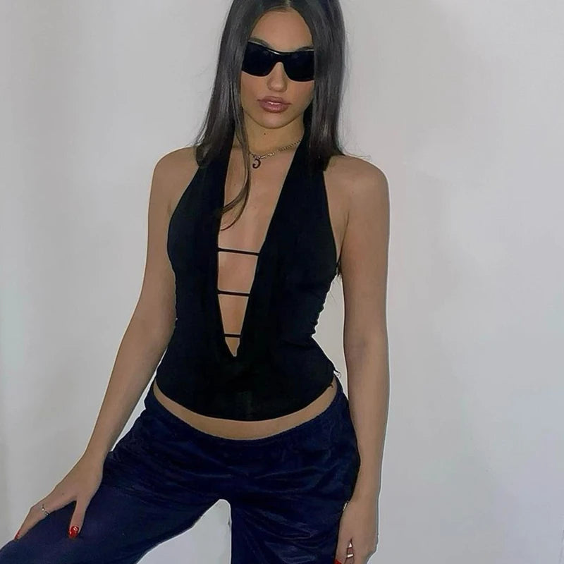 Deep V-Neck Halter Hollow Out Crop Top