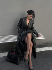 V-Neck Lace-Up Leather Long Coat