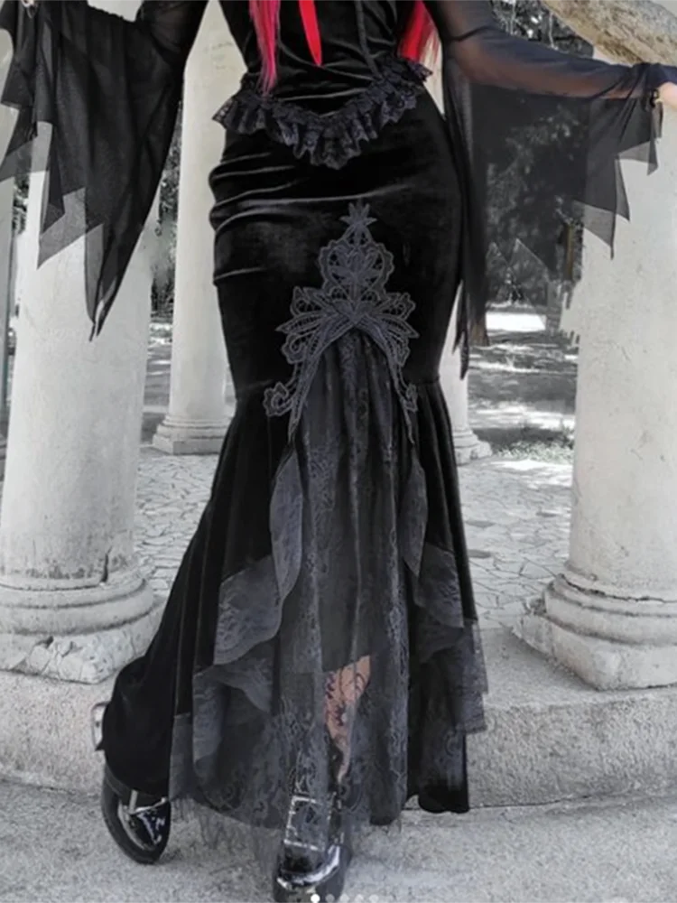 Velvet Lace Patchwork Trumpet Skirt