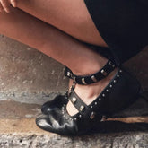 Genuine Leather Mary Jane Square Toe Snap Ballet Flat