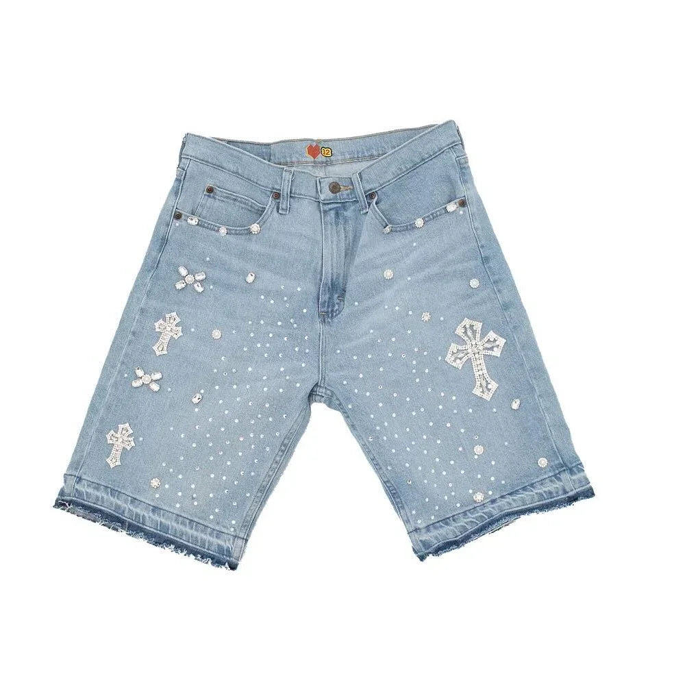 Rhinestone Raw Edge Denim Short