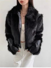 Short Black Patchwork Fur Coat