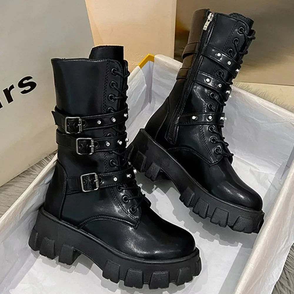 Punk Zipper Motorcycle Mid-Calf Gothic Boot