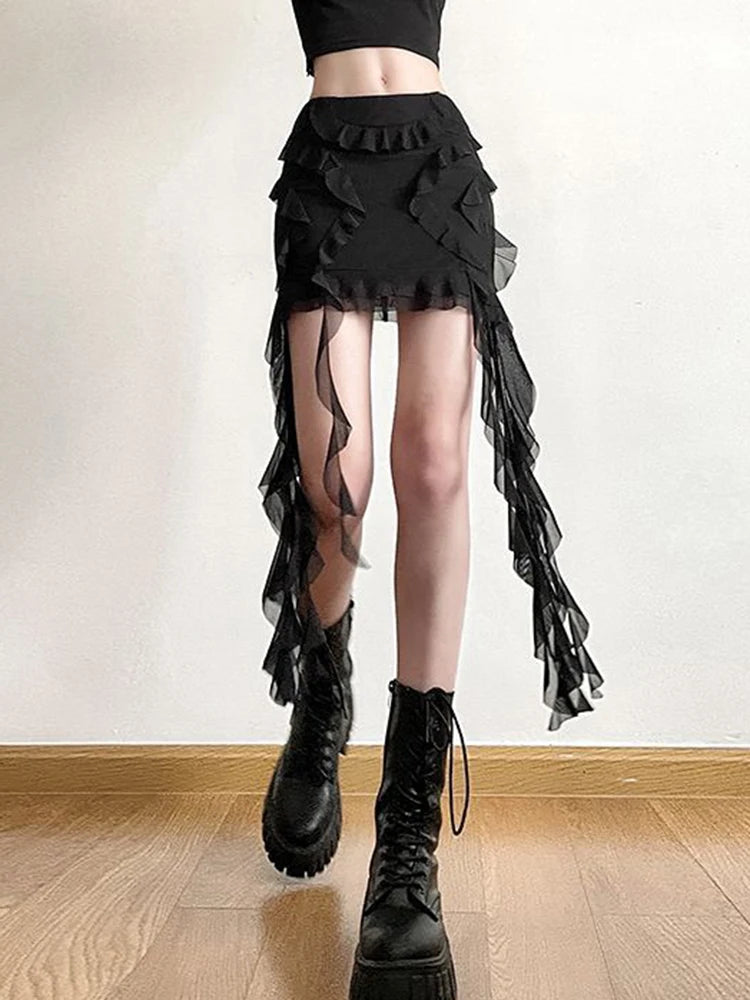 Mesh Patchwork Ruffled Mini Skirt