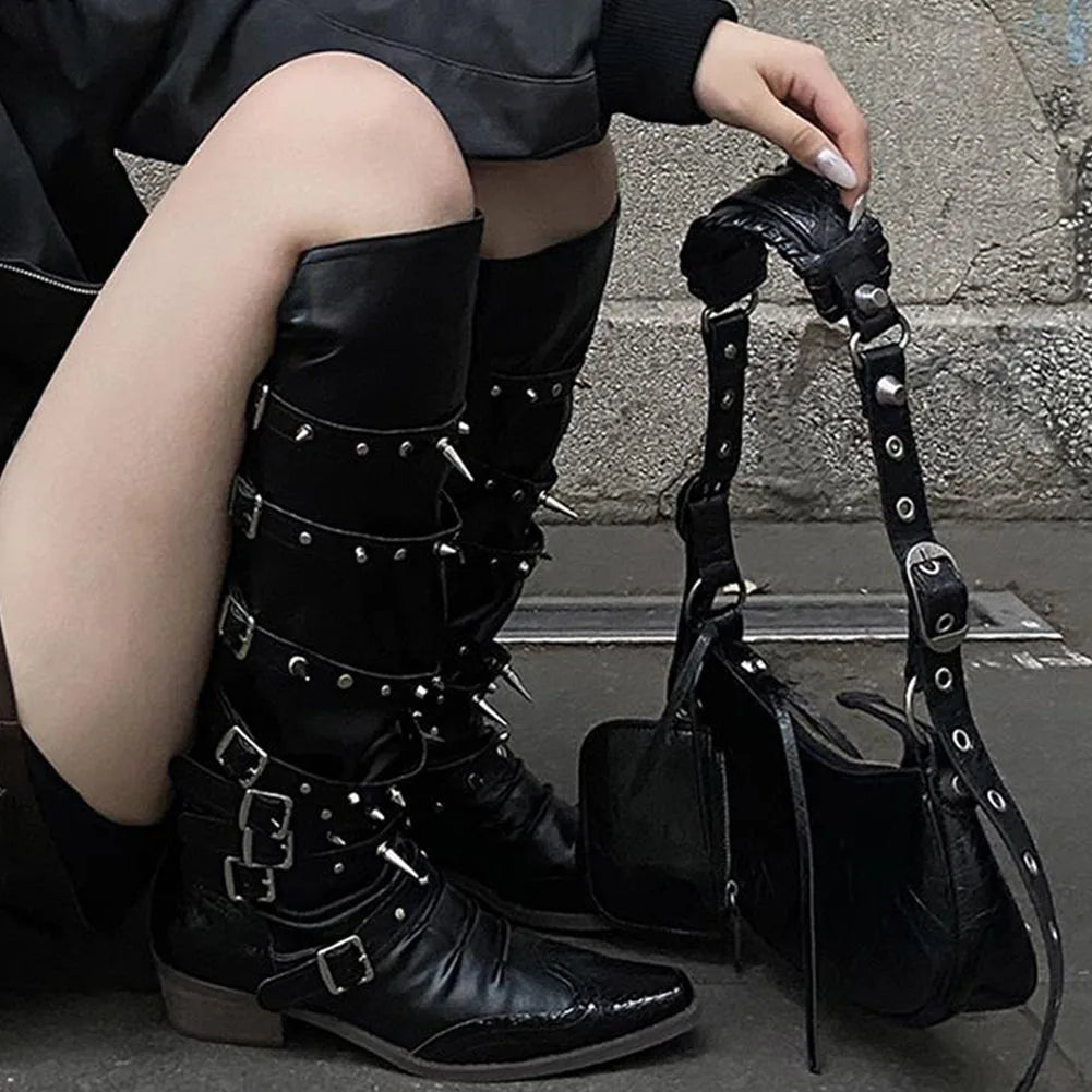 2024 Punk Rivet Knee High Chunky Gothic Boot