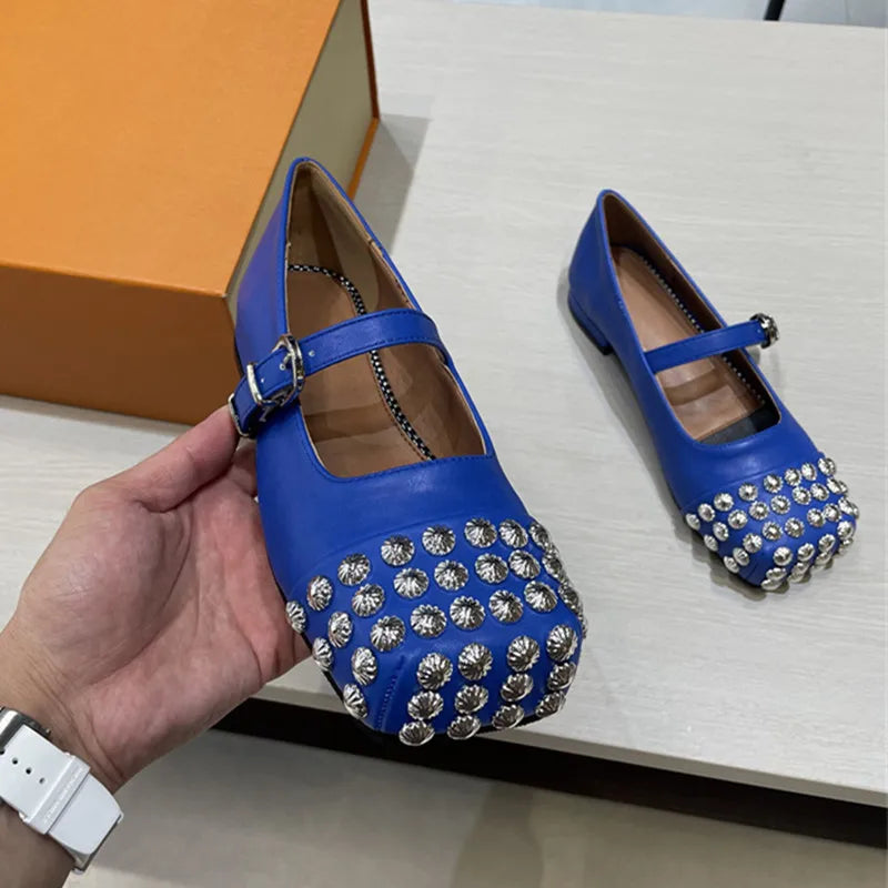 Rivet Cross Strap Square Toe Loafers Flat
