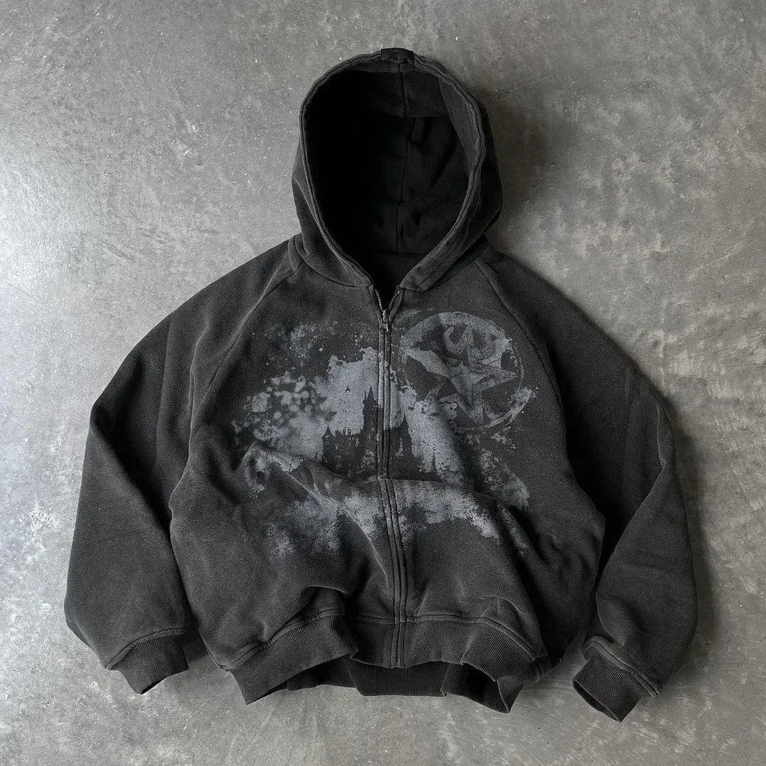 Gothic Punk Print Zip Hoodie
