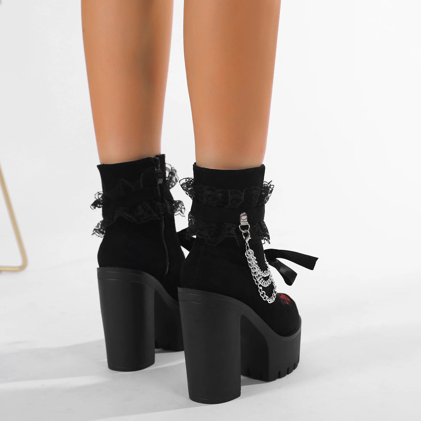 Gdgydh Vintage Gothic Lace Chunky Heel Boot