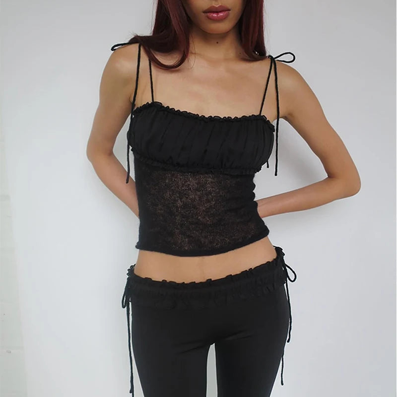Slim Fit Mesh Perspective Pleated Tank Crop Top