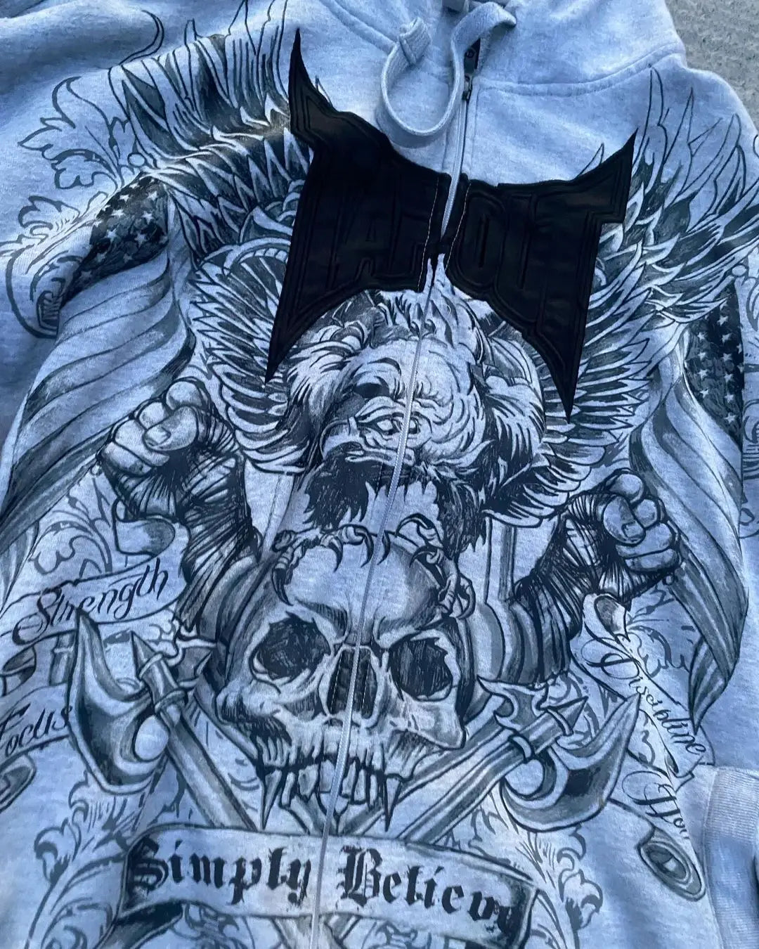 Gothic Skull Print Grey Zip Hoodie