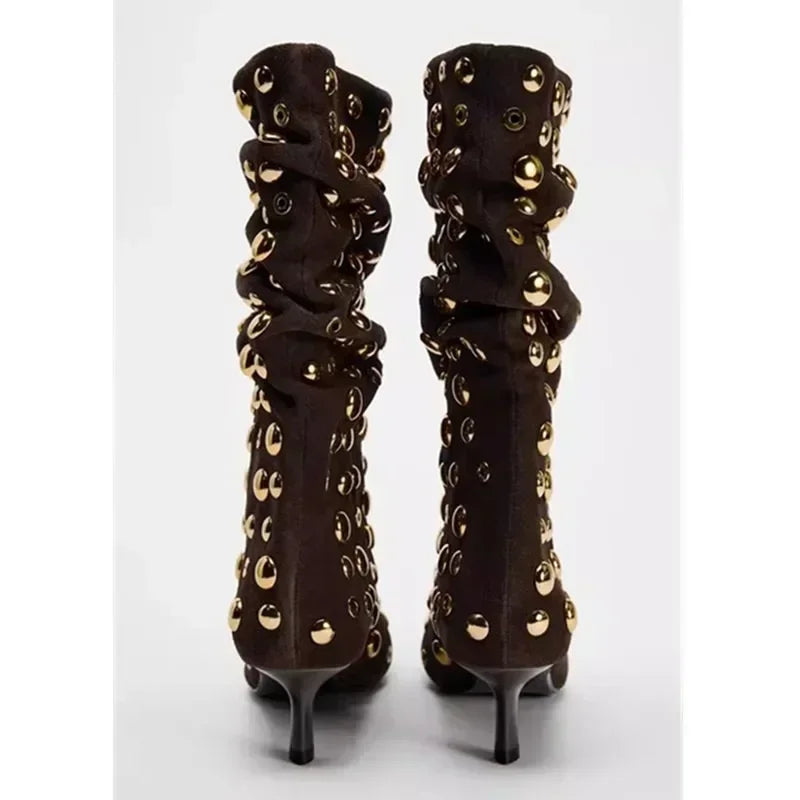 Sexy Rivet Pleated High Heel Pointed Gothic Boot