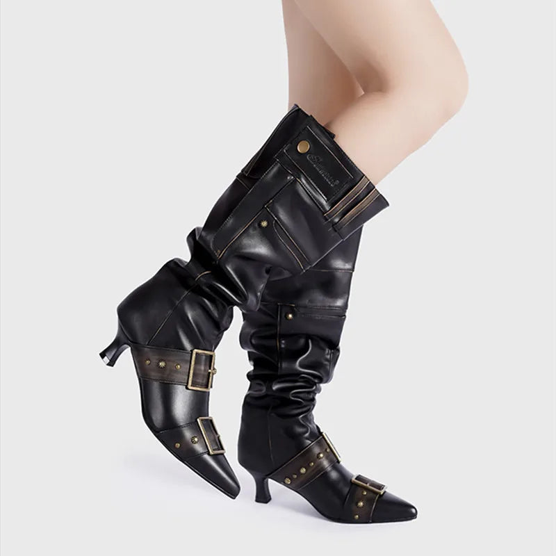 Pointed Toe Metal Rivet Gothic Knee-High Boot