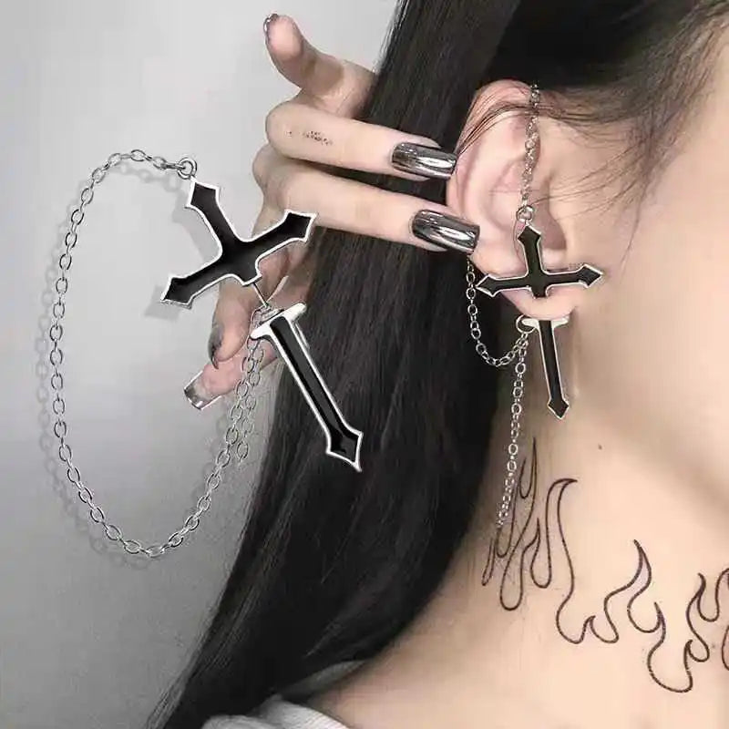 Y2K Goth Heart Cross Red Zircon Tassel Earring