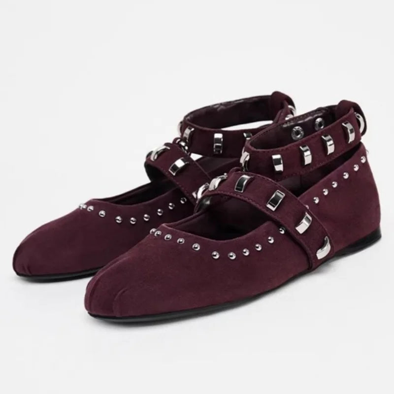 Genuine Leather Mary Jane Square Toe Snap Ballet Flat