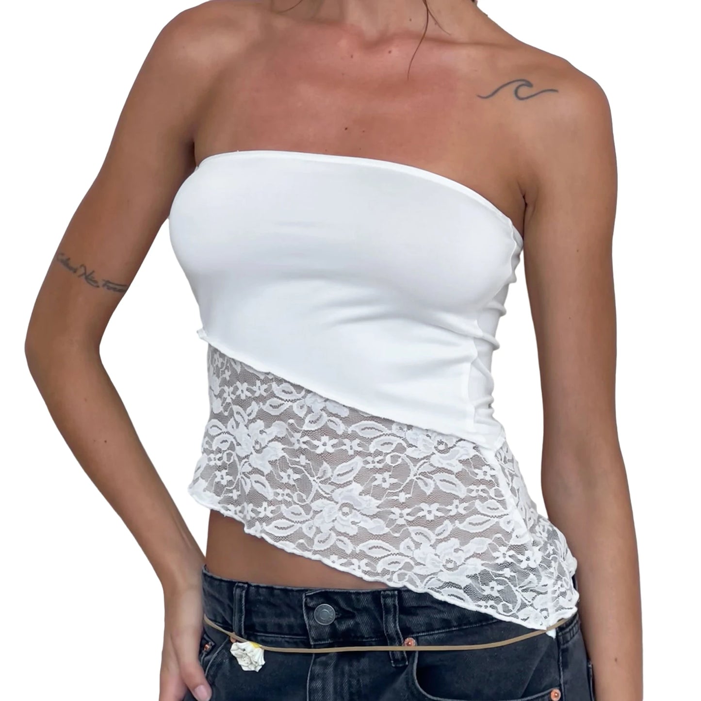 Skinny Off Shoulder Lace Floral Bandeau Crop Top
