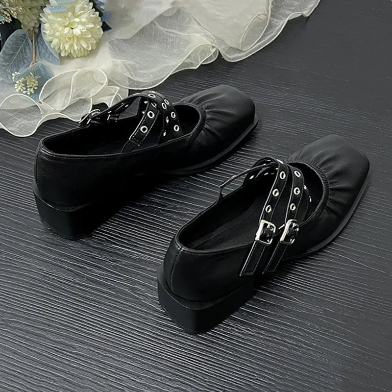 Square Toe Rivet Mary Janes Leather Flat
